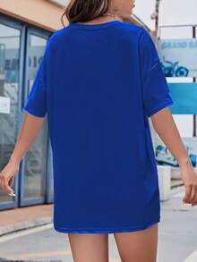 Women's Casual Plain T-Shirt 100% Cotton Shirt Short Sleeve Blouse New Arrival - 寶藍色 - 查看 2