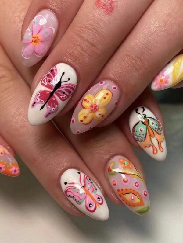 24 pièces Autocollants pour ongles de forme amande, multi-couleurs, design de fleurs et papillons, avec 1 pièce de lime à ongles et 1 pièce de colle gel en gelée pour faux ongles