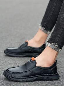 Luxury Men Leather Penny Loafers, Casual Straw Woven-Style Slip-On Flat Shoes With Convenient Elastic Band, Formal Shoes For Daily Wear, Wedding, Banquet, Office, Business Occasions In Spring And Autumn - Black - View 4