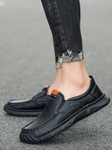Luxury Men Leather Penny Loafers, Casual Straw Woven-Style Slip-On Flat Shoes With Convenient Elastic Band, Formal Shoes For Daily Wear, Wedding, Banquet, Office, Business Occasions In Spring And Autumn - Black - View 2