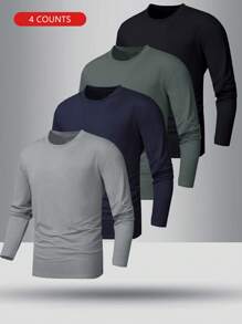 4pcs Men Casual Solid Color Crew Neck Sweatshirts, Fall Clothes