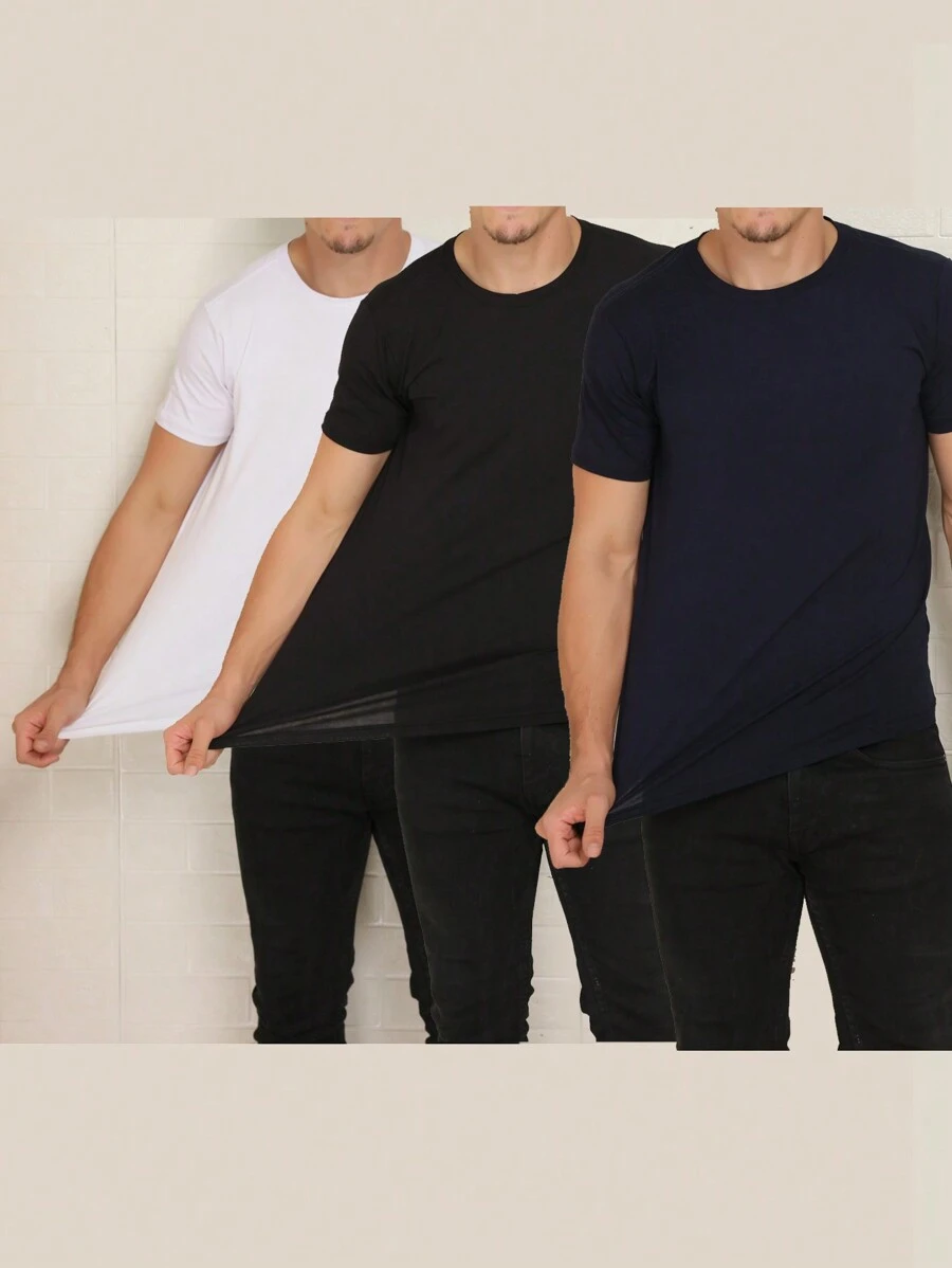3 Piece Kit Basic Short Sleeve T-Shirts With Elastane Visco Lycra Mesh (Cold Mesh) - Azul Marino - Ver 1