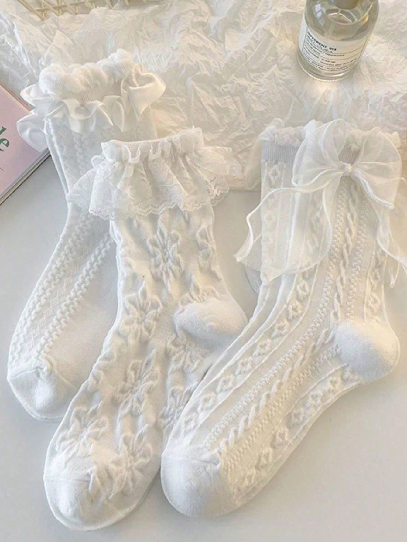 3 أزواج جوارب الأميرة ذات الكشكشة اللطيفة البيضاء...