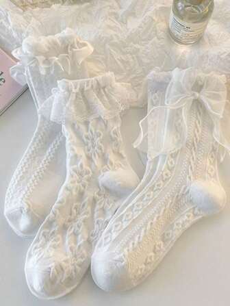 3 par slumpmässiga vita prinsessstrumpor med spets och volangkant för kvinnor, hög kvalitet