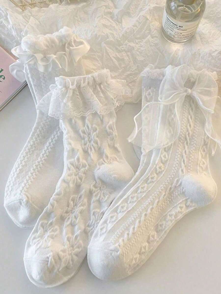 3双随机白色蕾丝荷叶边公主袜，女士款，高品质 - 彩色 - 查看 1