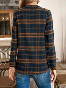 Camisa de mujer con cuello en V a cuadros, manga larga, con plisados y botones, para otoño