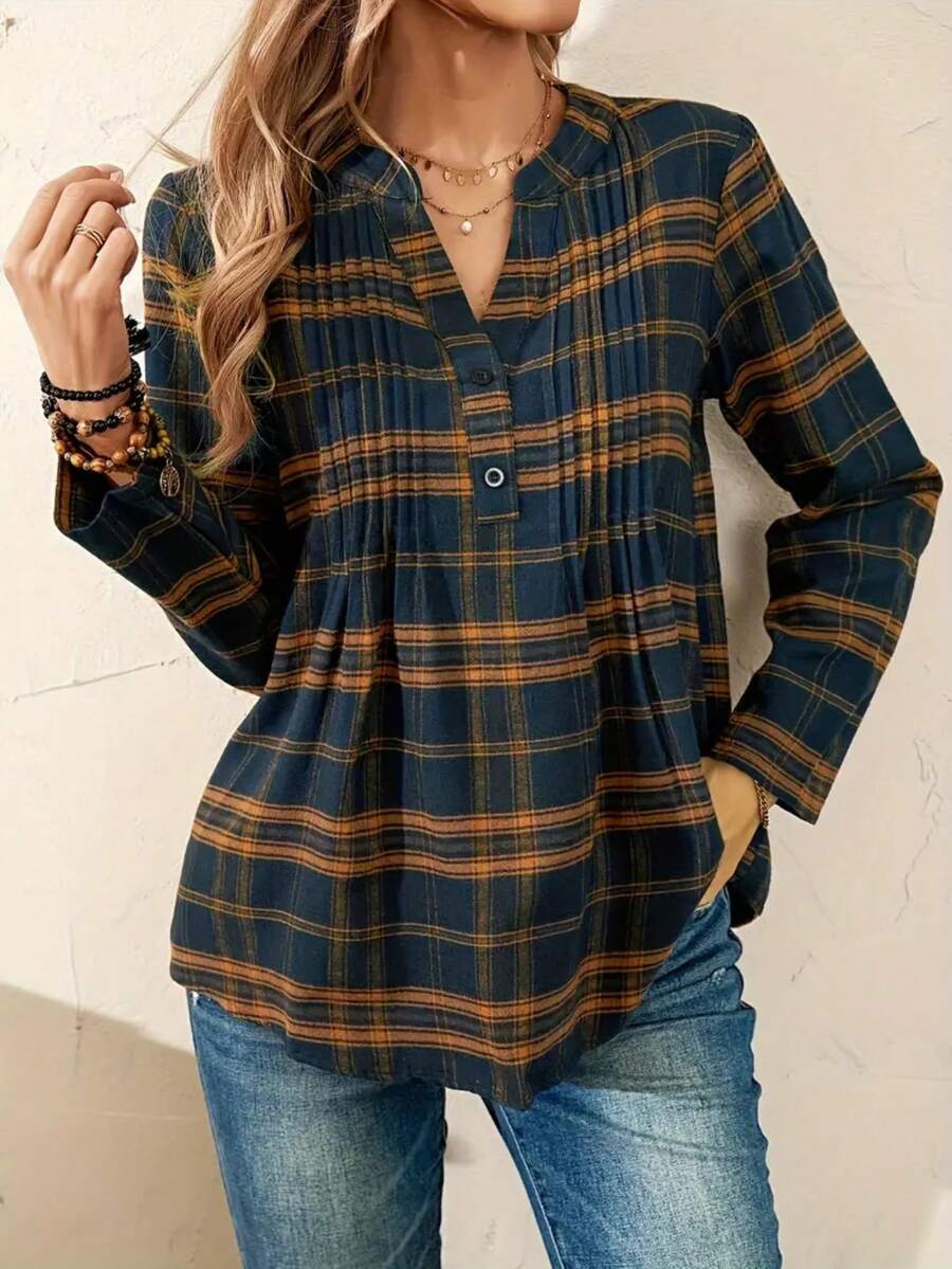 女式格子 V 领长袖褶饰纽扣衬衫，秋季 - 藏蓝色 - 查看 1