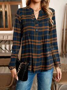 Camisa de mujer con cuello en V a cuadros, manga larga, con plisados y botones, para otoño
