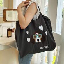 MZTKIN 1 件轻便可折叠尼龙比格犬刺绣手提包，大容量休闲单肩包，适合海滩、购物、办公室工作、户外活动，是送给女孩、学生、职业女性、母亲的完美礼物 - 灰色 - 查看 2