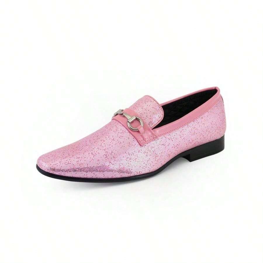 Fashion Pink Mens Glitter Dress Shoes Slip On Loafers Party - Pink - View 1