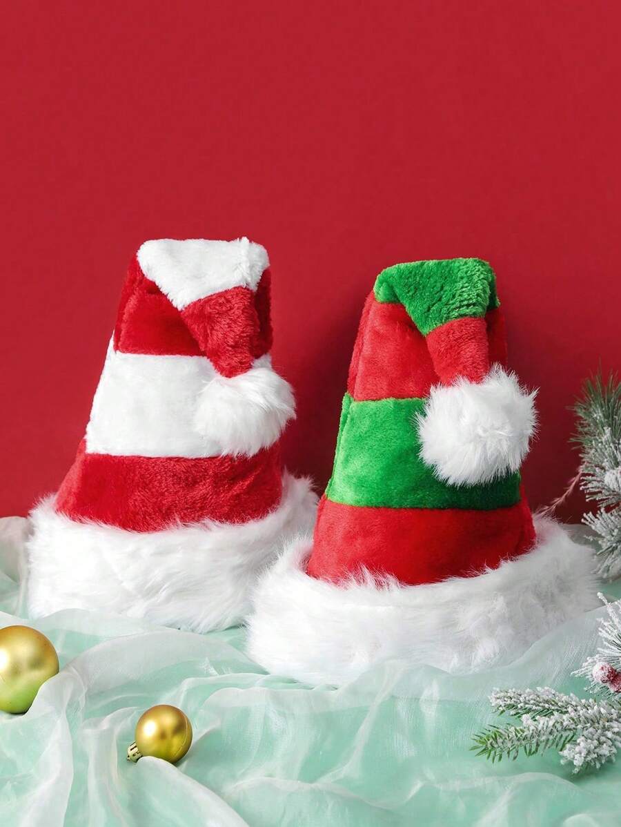 1 Stück Samtmütze des Weihnachtsmanns, gestreifte rot und grüne Weihnachtsmütze für Erwachsene, Weihnachtsparty Kostüm, Weihnachten