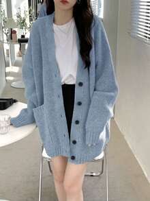 Alicedudu Áo khoác len cardigan dệt kim rộng rãi thoải mái cho nữ - Màu xanh lam - Xem 6