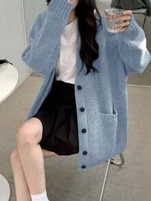 Alicedudu Áo khoác len cardigan dệt kim rộng rãi thoải mái cho nữ - Màu xanh lam - Xem 7