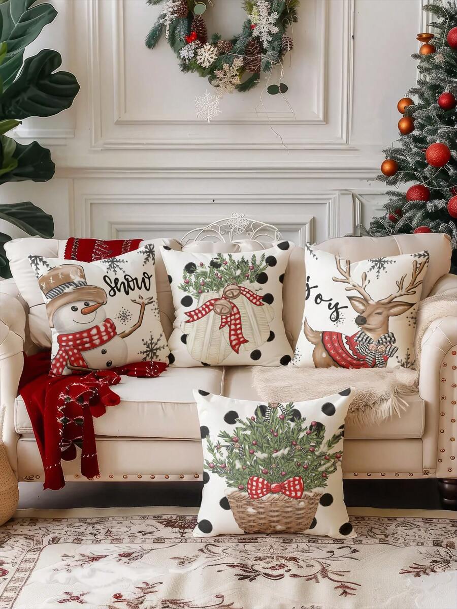 4pcs Christmas Velvet Soft Touch Santa Claus, Christmas Numbers, Reindeer, Snowman, Snowflake Decorative Pillow Covers, Hypoallergenic Polyester Material, Invisible Zipper, No Filling, Suitable For Home Decor, Living Room, Throw Pillow Cases, Cushion Covers, Sofa Decorative Pillows, Home Decor, Cushion Covers, Soft Pads. - Multicolor - View 1