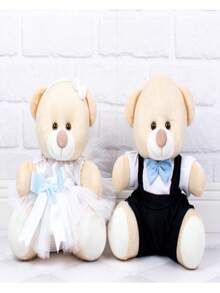 Decorative Bear Couple Page Boy And Flower Girl For Weddings Plush Sweet Milk With Colorful Bow And Ties - 22 Cm - 藍色 - 查看 2