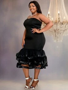 Vestido tubo de malla en contraste bajo a capas - Negro - Ver 4