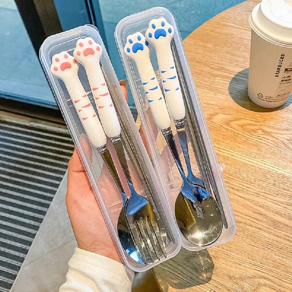 2pcs Stainless Steel Cat Paw Shaped Children Spoon And Fork Set With Storage Box, Cute Baby Feeding Utensils