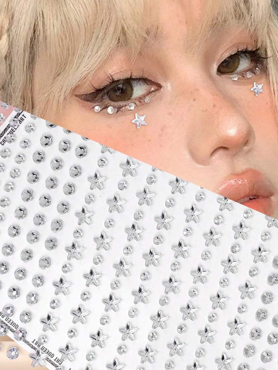 1Pc Realistic Multi-Sized Silver Star Crystal Shaped Face Decorative Rhinestone Stickers, Suitable For Hair, Eyes, Face, Body Decor, For Y2K Party, Festival, Costume, Daily Use - White - View 1