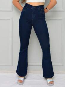 Calça Flare Jeans Feminina Boca de Sino - Lavagem escura - Visão 4