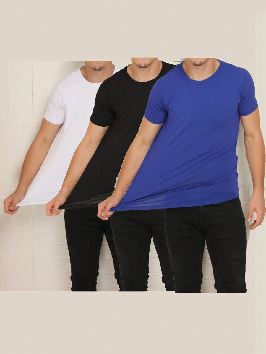 Kit 3 Pecas Camisetas Basicas Manga Curta Com Elastano Malha Visco Lycra(Malha Fria) - Azul Royal - Visão 1