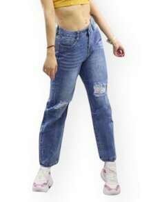 Boyfriend Jeans Holgados Mezclilla stretchTiro Alto - Azul - Ver 1