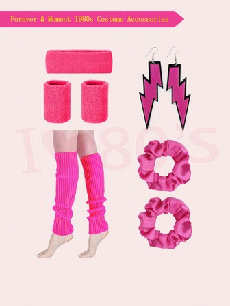 Forever & Moment 6 PCS Women's 1980s Neon Sport Costume Accessories Set Headband Wristband Lightning Earrings Hair Ring Leg Warmer Yoga Sport Running Halloween Decorations Gift