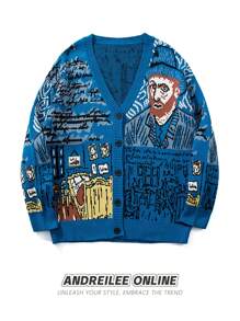ANDREILEEANDREILEE Áo khoác cardigan dệt kim phong cách tranh Van Gogh mới, kiểu dáng thường ngày, dành cho cả nam và nữ, thích hợp cho mùa xuân và thu. - Màu xanh lam - Xem 1