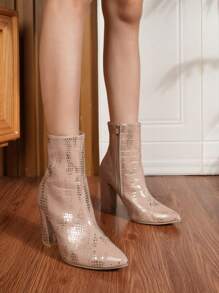 2024 时尚性感侧拉链欧美风格漆皮粗跟短靴尖头高跟靴女靴