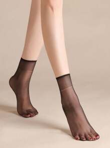 10 双透明黑色无缝女袜，超薄水晶丝，性感舒适中筒袜，夏季，秋季 - 黑色 - 查看 2