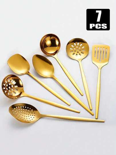 1/7 pezzi Set di utensili in acciaio inossidabile color oro per uso domestico in cucina, feste e regali, include cucchiaio da portata, cucchiaio forato, mestolo da zuppa, schiumarola, cucchiaio per il riso, ecc. Regalo di Natale, forniture scolastiche