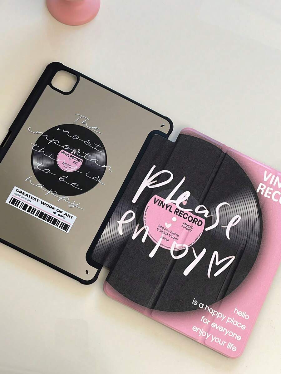 1 件可爱粉色卡通字母与唱片设计亚克力透明水晶保护壳，带睡眠/唤醒功能，兼容 iPad、三星