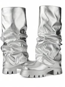 Fold Over Knee High Boots For Women Stylish Foldable Platform Round Toe Fall Boots Pull-On Chunky Heels Casual Comfortable Mid-Calf Boots For Daily Party Wear Back To School Boots Women Winter Christmas Gift - Silver - View 6
