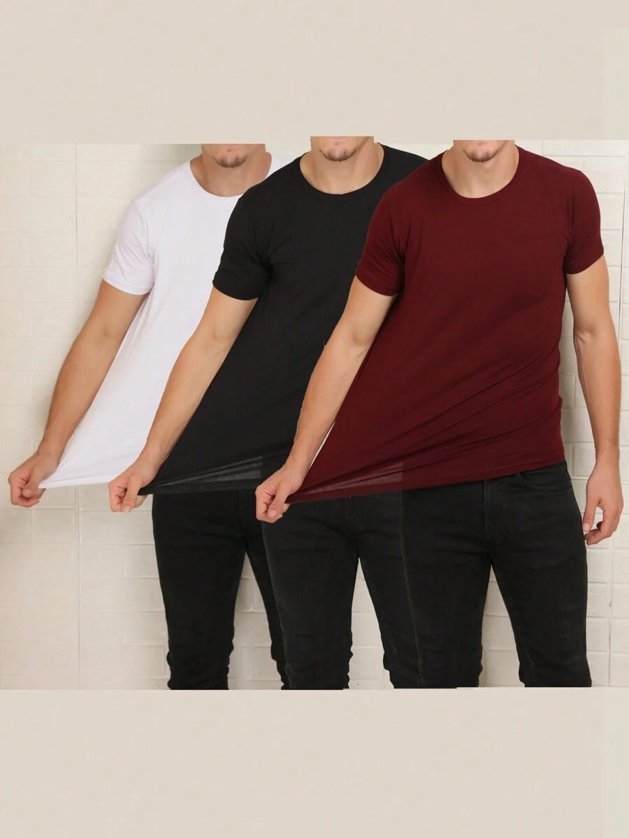 3 Piece Kit Basic Short Sleeve T-Shirts With Elastane Visco Lycra Mesh (Cold Mesh) - Burgundy - View 1