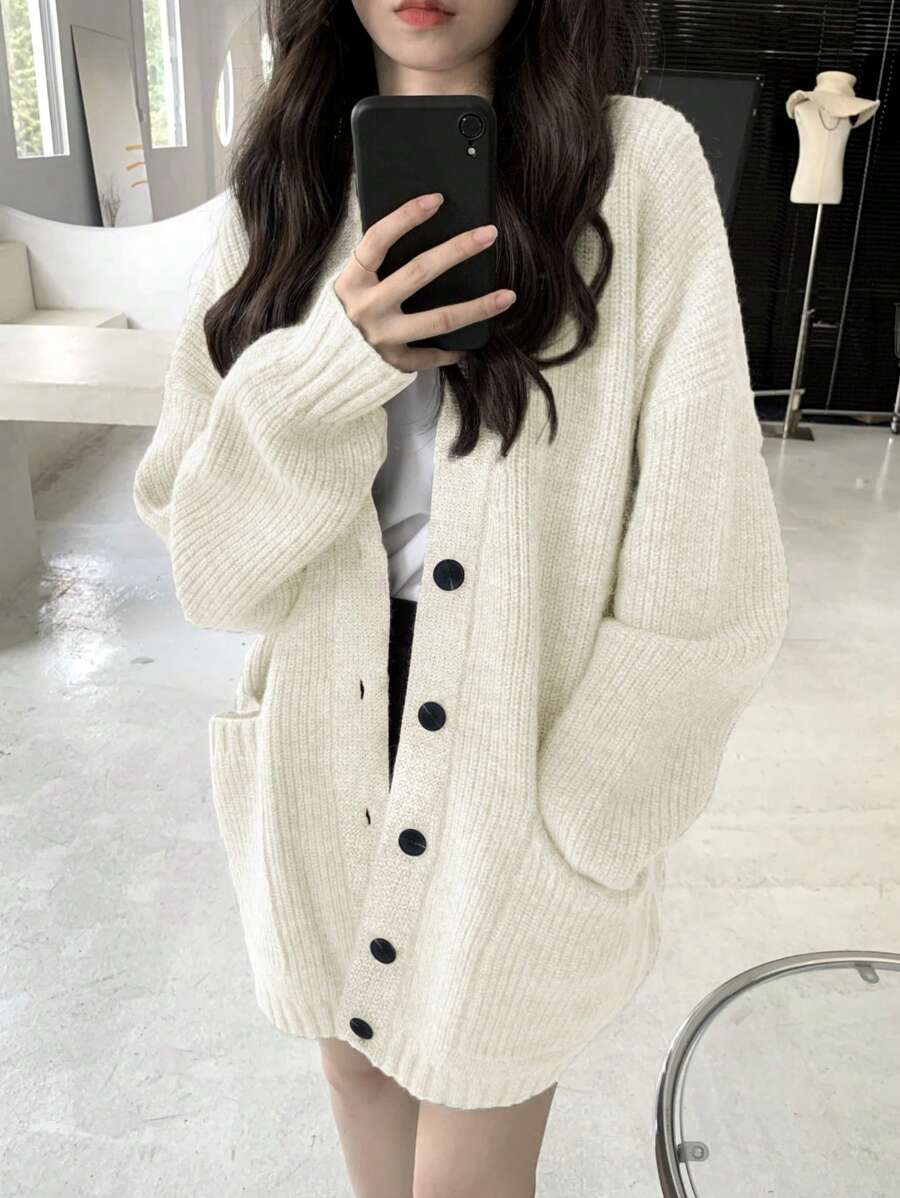 Women's Oversized Loose Cardigan With Big Pockets - Beige - View 1
