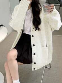 Women's Oversized Loose Cardigan With Big Pockets - Beige - View 4