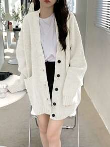 Women's Oversized Loose Cardigan With Big Pockets - Beige - View 3