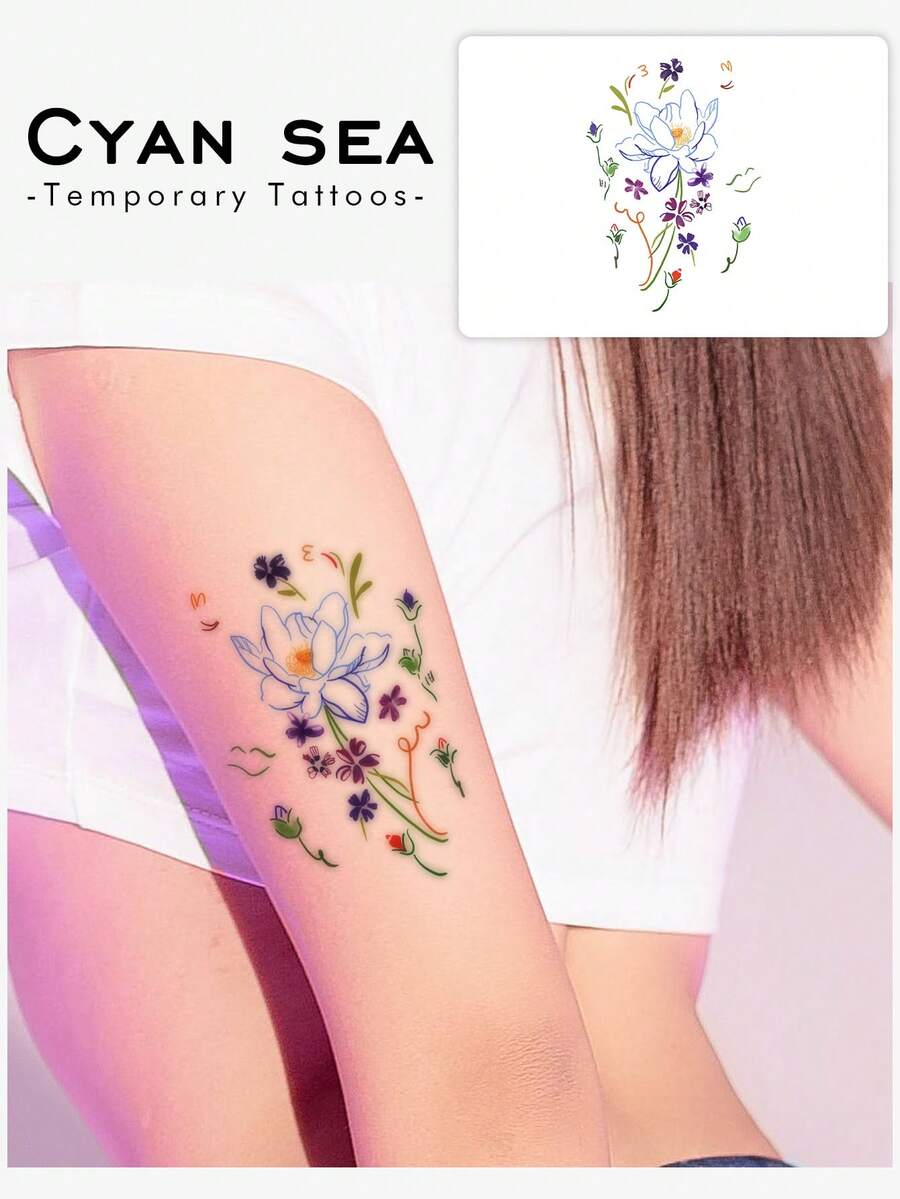 1 件彩色多巴胺花临时纹身贴纸，防水防汗，可移除，适用于手臂/腿部，时尚炫酷的设计 - 彩色 - 查看 1