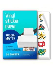 20 张优质可打印乙烯基贴纸纸适用于喷墨打印机，哑光白色防水贴花纸自粘纸 A4 尺寸 - Matte White - 查看 2