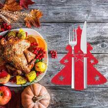 4 piezas Conjunto de vajilla con diseño de árbol de Navidad, Juego de cuchillo y tenedor de estrella de cinco puntas, decoración de escena, decoración navideña, decoración de habitación, decoración del hogar, decoración de oficina, decoración de fiesta temática, decoración navideña - Multicolor - Ver 2