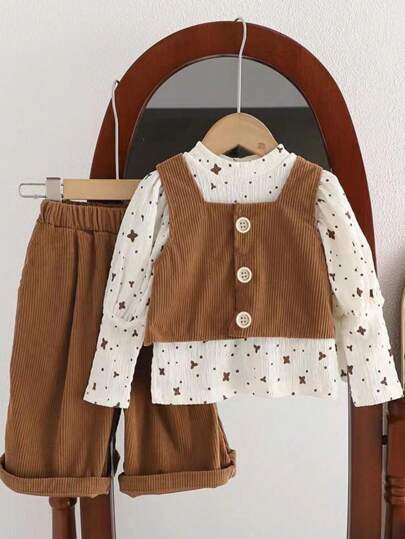 女宝宝羊腿袖 T 恤、蝴蝶结装饰背心和裤子 3 件套