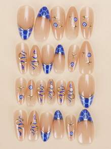 一套完整的24片水滴形按压假指甲，法国高端蛇形辣妹，日韩风格女士指甲贴，搭配1片果冻胶和1片摩擦条，瞬间提升您的外观。适用于派对，舞会，日常休闲装，可拆卸和可重复使用的美甲用品指甲