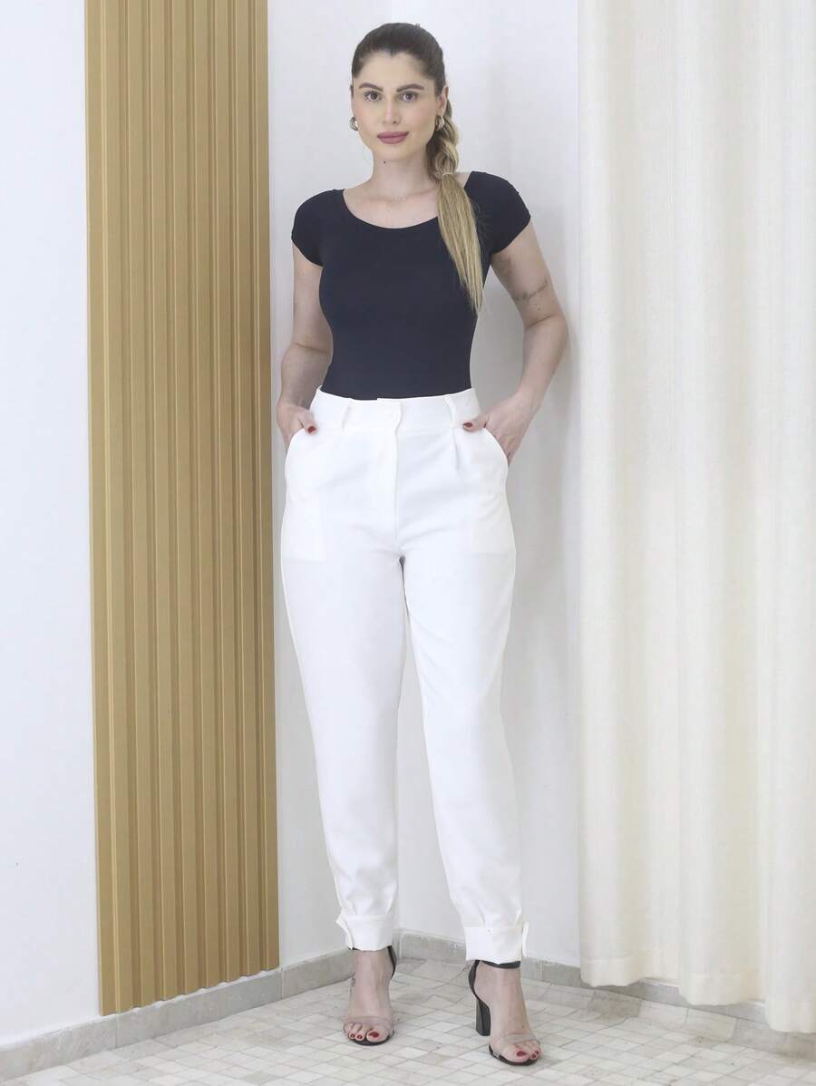 Women's Jogger Pants With Cuffs At The Hem With Button Closure, Polyester Fabric With Elastane - Maxma 6619 - White - View 1