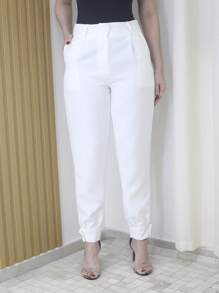 Women's Jogger Pants With Cuffs At The Hem With Button Closure, Polyester Fabric With Elastane - Maxma 6619 - White - View 3