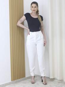 Women's Jogger Pants With Cuffs At The Hem With Button Closure, Polyester Fabric With Elastane - Maxma 6619 - White - View 2