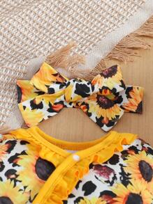 新生女宝宝可爱向日葵印花长袖荷叶边袖口按扣连体衣，配发带 - 彩色 - 查看 3