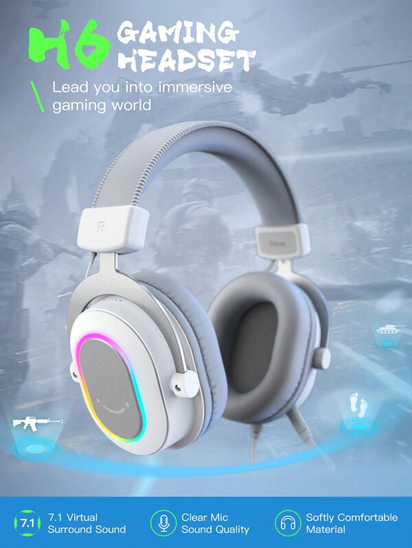 FIFINE PC Gaming Headset, USB Wired Headset With Microphone, 7.1 Surround Sound, In-Line Control, Soft Ear Pads, Computer RGB Over-Ear Headphones, Noise Cancellation For Streaming/Game Voice/Video-FIFINE H6 White