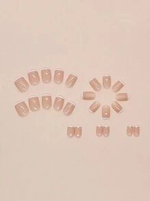 24pcs French White Bordered Solid Color Short Square Nail Stickers, Includes 1 Bottle Of Nail Glue And 1 Nail File, Suitable For Women For Daily Life Or Shopping Nails Nail Supplies - Multicolor - View 3