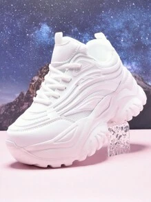Women's Outdoor Platform Wedge Sneakers, Pure White High-Heel Casual Shoes, Super Lightweight And Comfortable, Round Toe Lace-Up, Breathable Mesh Fabric, Suitable For Daily, Workout, Office, Dating - 7CM Height Increase