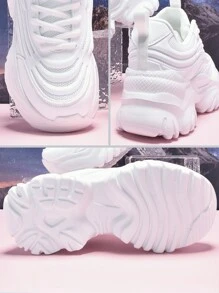 Women's Outdoor Platform Wedge Sneakers, Pure White High-Heel Casual Shoes, Super Lightweight And Comfortable, Round Toe Lace-Up, Breathable Mesh Fabric, Suitable For Daily, Workout, Office, Dating - 7CM Height Increase