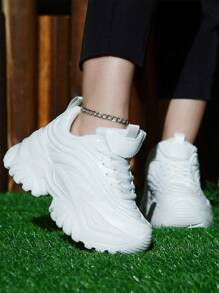 Women's Outdoor Platform Wedge Sneakers, Pure White High-Heel Casual Shoes, Super Lightweight And Comfortable, Round Toe Lace-Up, Breathable Mesh Fabric, Suitable For Daily, Workout, Office, Dating - 7CM Height Increase